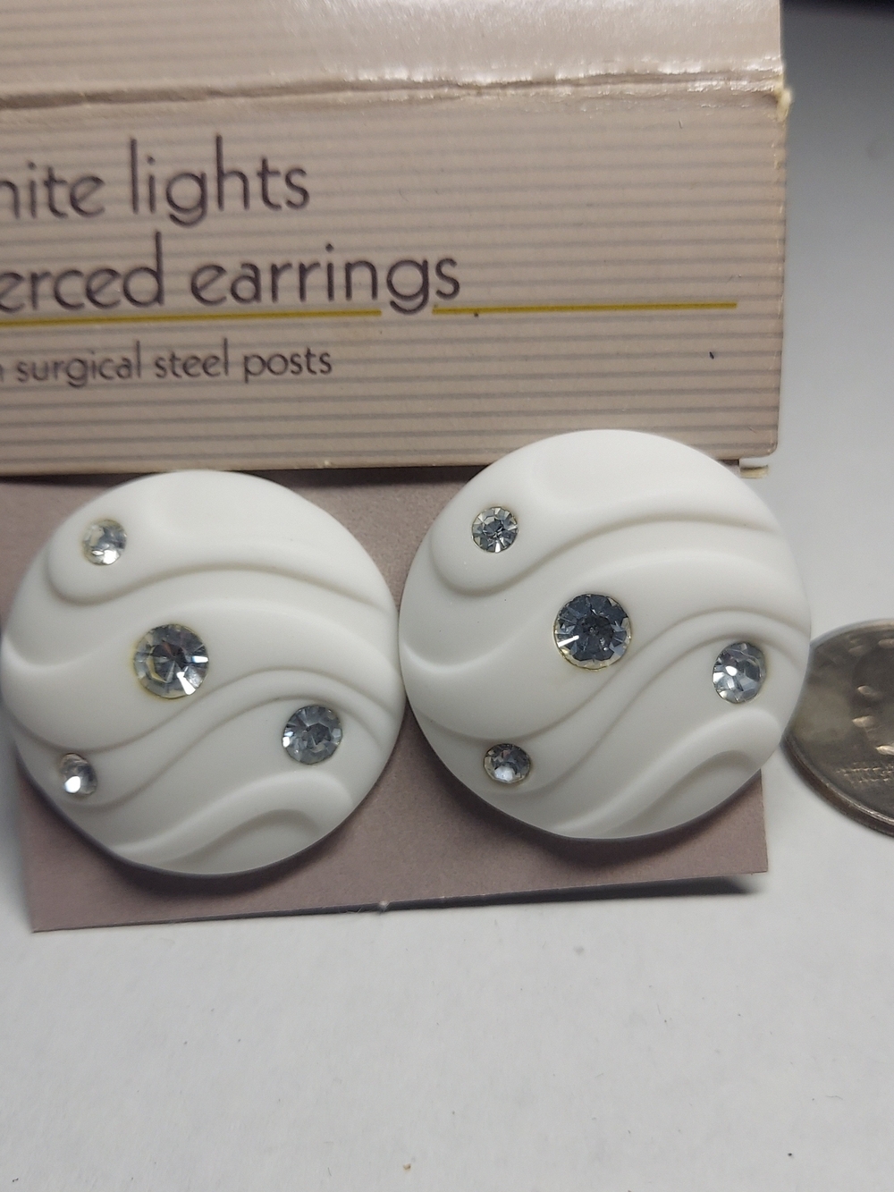 Vintage Avon White Lights Wave Button Earrings with Clear Crystal Accents